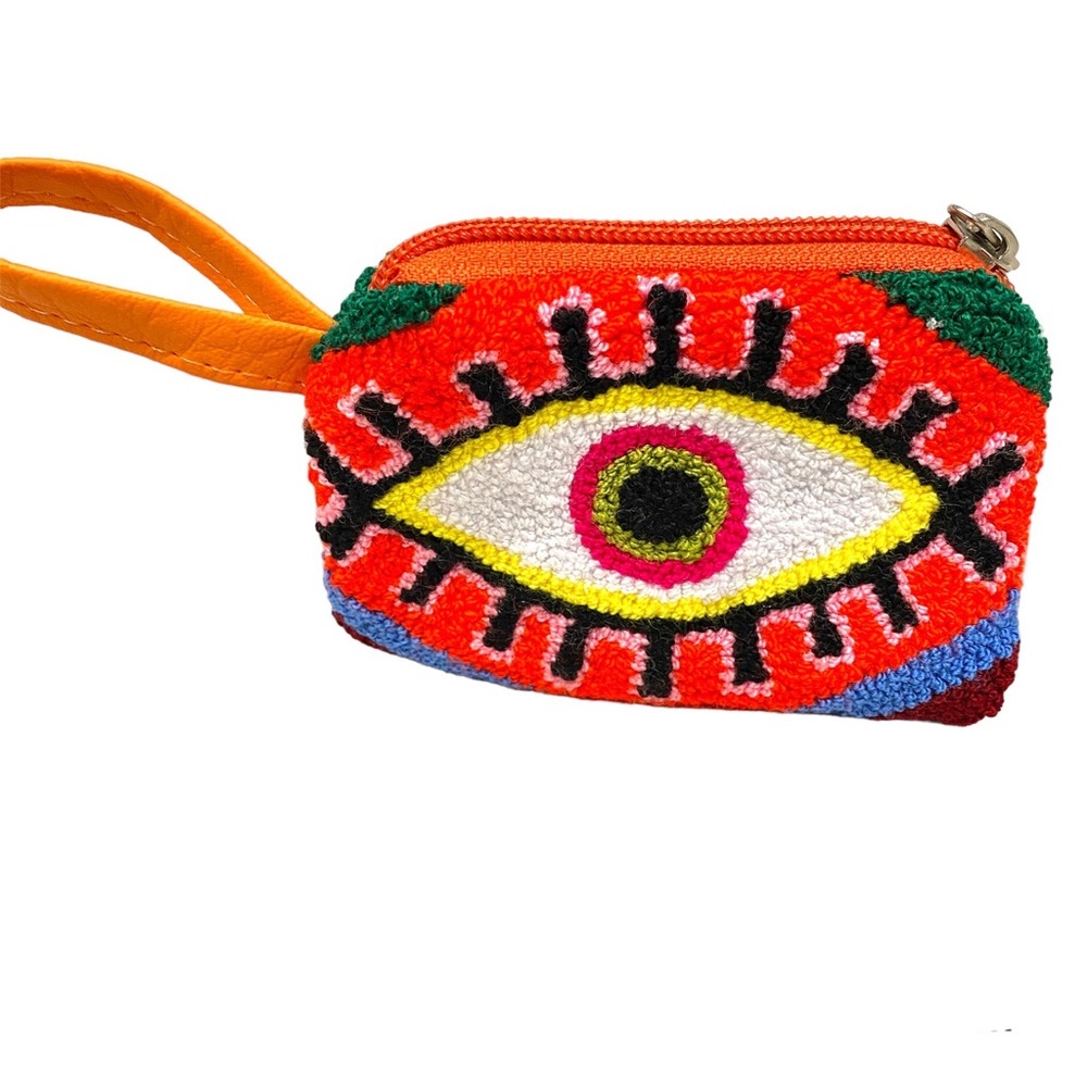 Evil Eye COIN PURSE leather strap punch needle mini zipper pouch Columbia loom